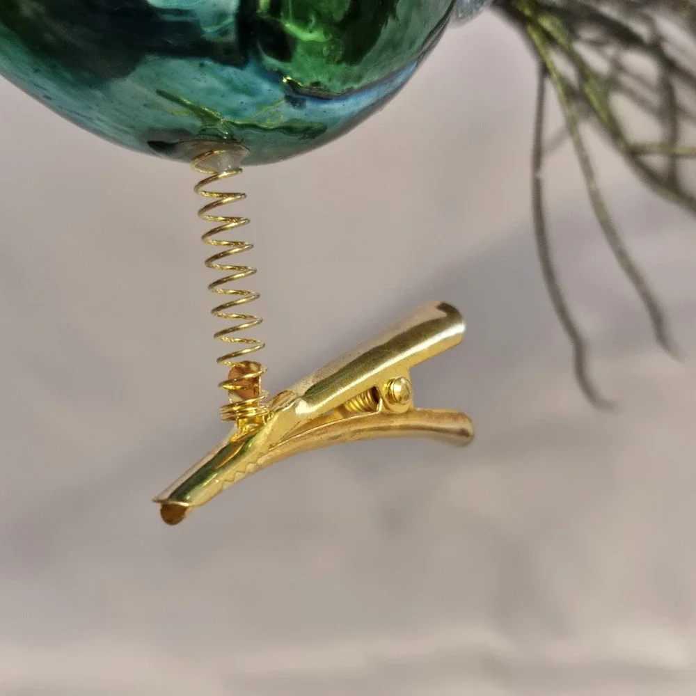 Glass Peacock Clip On Christmas Ornament Real Feather Tail Blue Green Glitter